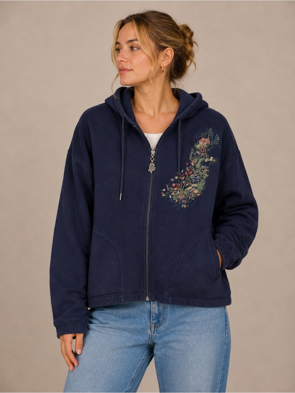 Vintage Northern Reflections Navy Cottage Wildflower Zip Up Hoodie XL